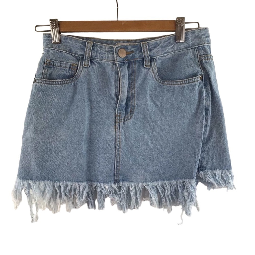 𝅺STREETWEARSOCIETY denim skirt raw jeans high-rise soft blue coastal sexy small